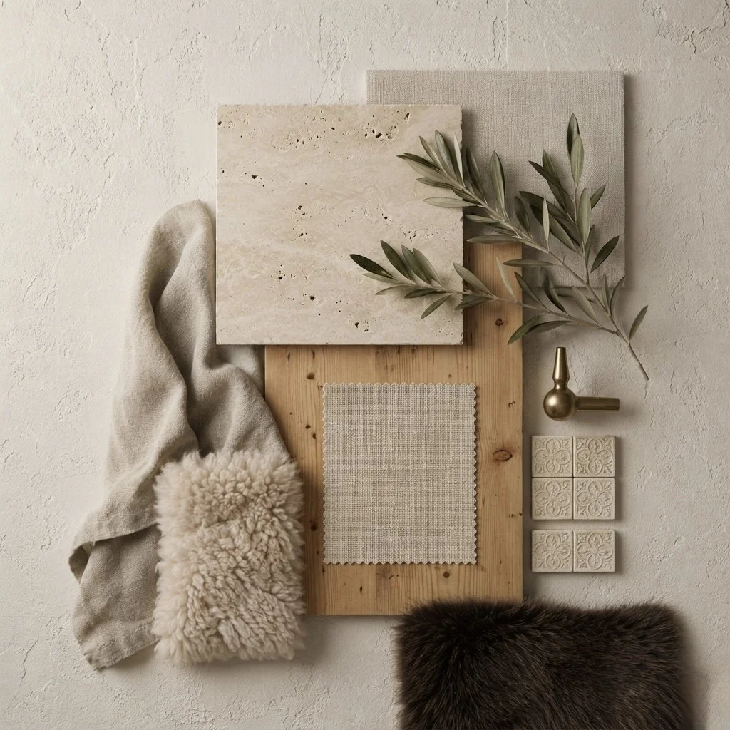 A collection of natural and textured design elements arranged on a wall, including stone tiles, a wooden board, fabric samples, a branch with leaves, a brass wall hook, decorative tiles, a furry textile, and a plush cushion.
