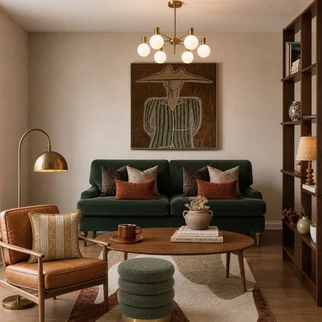 Living room with a dark green sofa, a wooden coffee table with a flower vase and decor books, a brown leather armchair with cushions, a green ottoman, a brass floor lamp, a modern chandelier, a framed abstract art piece on the wall, and a bookshelf with various decorations.