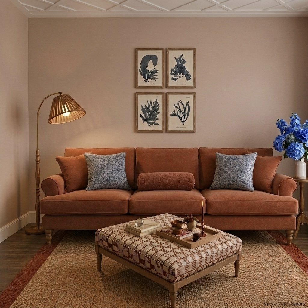 A living room with a peach-colored sofa, two gray-patterned pillows, an oval cushion, a patterned ottoman, a wooden tray with decorative items, a floor lamp with a wooden shade, wall art with four framed botanical prints, a bouquet of blue flowers in a white vase, and a beige area rug.