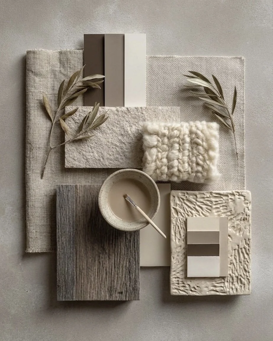 Neutral-toned interior design materials including fabric, wood, textured tiles, a mug with a spoon, and decorative branches.