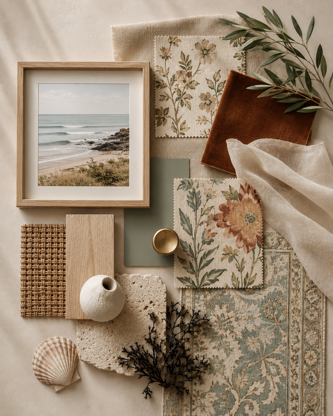 A flat lay arrangement of interior design and decor items, including a framed coastal beach photograph, fabric swatches with floral patterns, textured textiles, a small ceramic vase, natural elements like shell and branches, and a decorative rug and foliage.