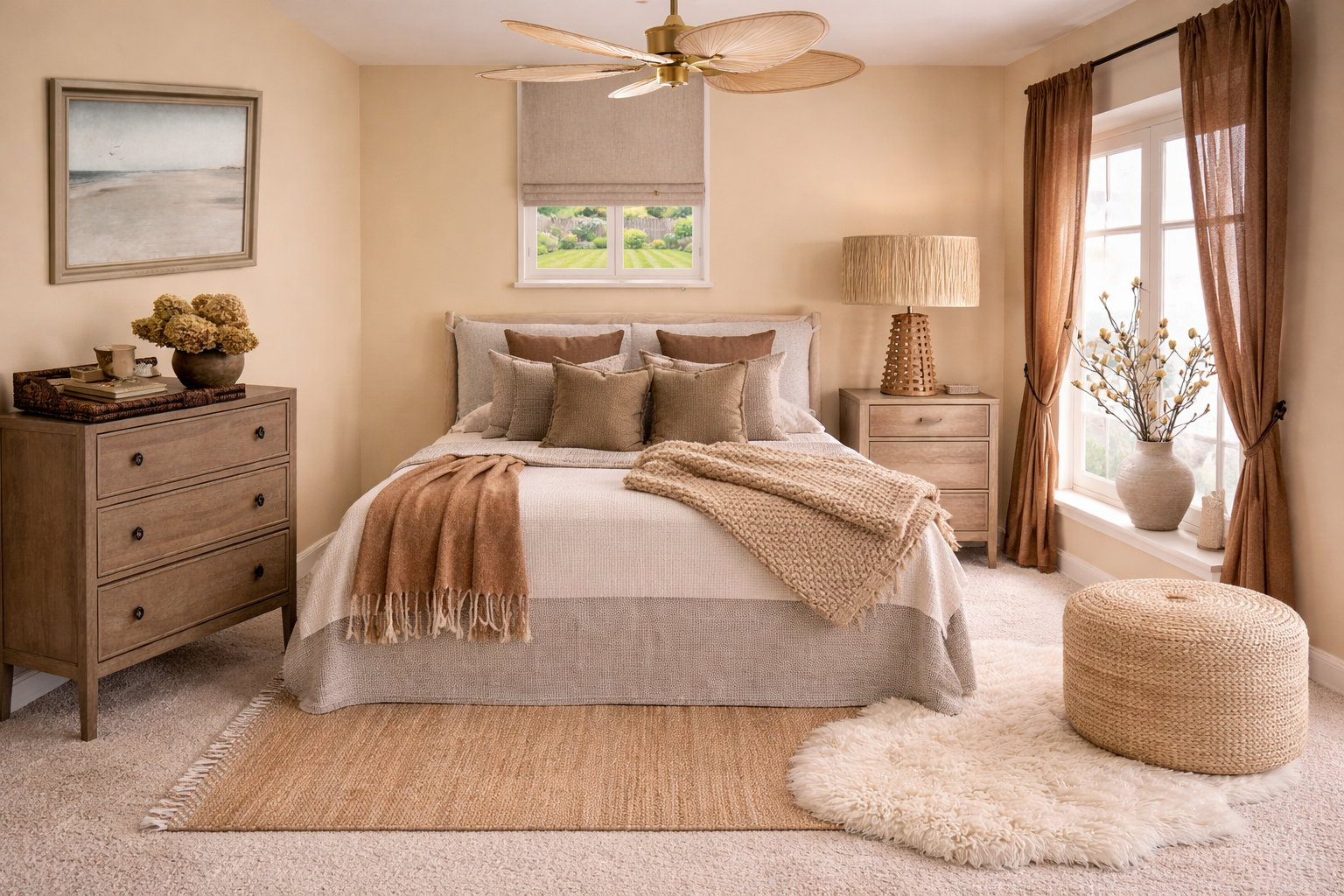 A cozy bedroom with a neutral color palette, featuring a bed with multiple pillows and a blanket, wooden bedside tables with lamps, a dresser with decorative items, a window with curtains, a large window with a vase of branches on the window sill, a round woven ottoman, and a shaggy rug.