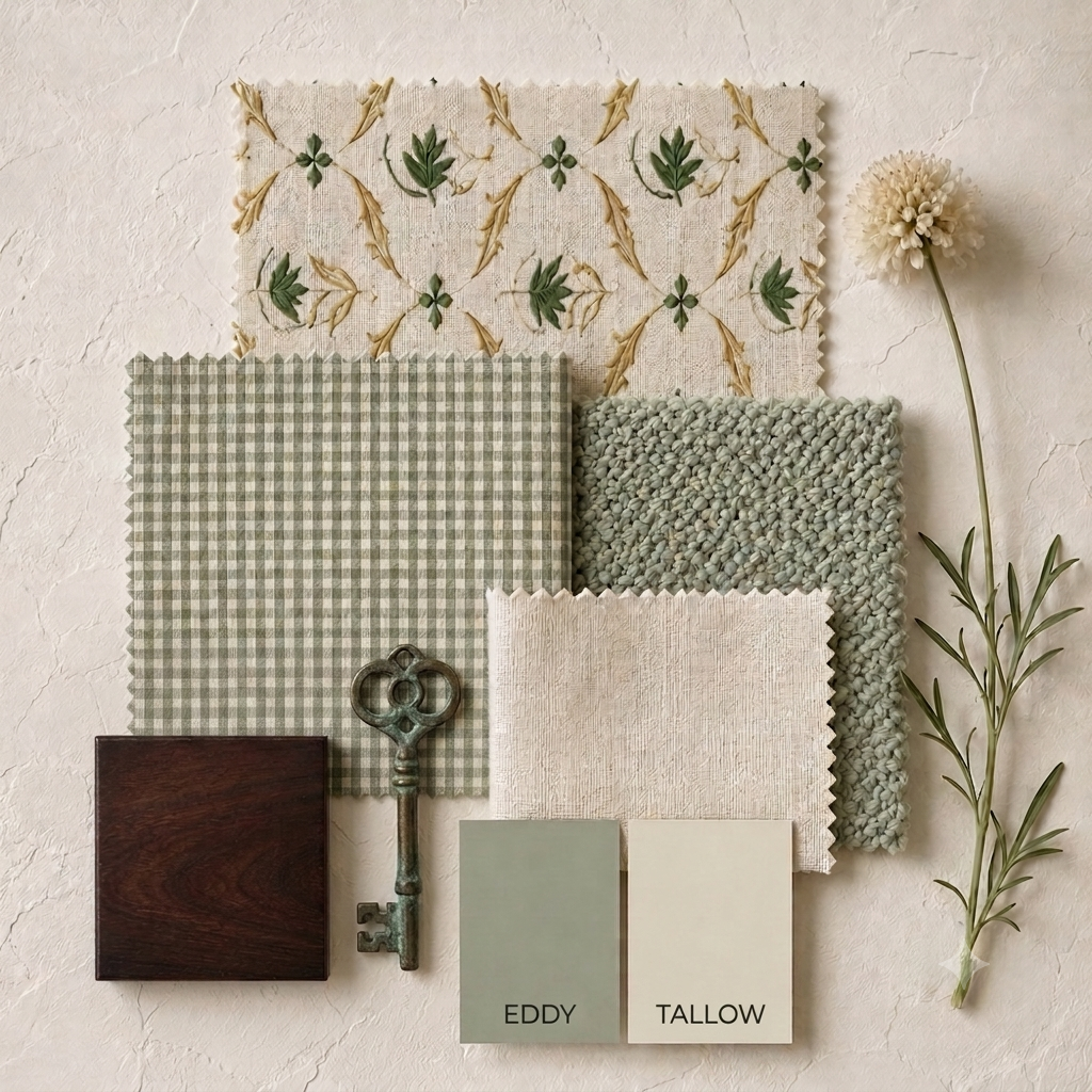 Samples of fabric textures including floral embroidery, gingham, plush, linen, and boucle, along with a vintage key, a wooden block, color swatches labeled Eddy and Tallow, a sprig of greenery, and a white flower on a textured wall background.