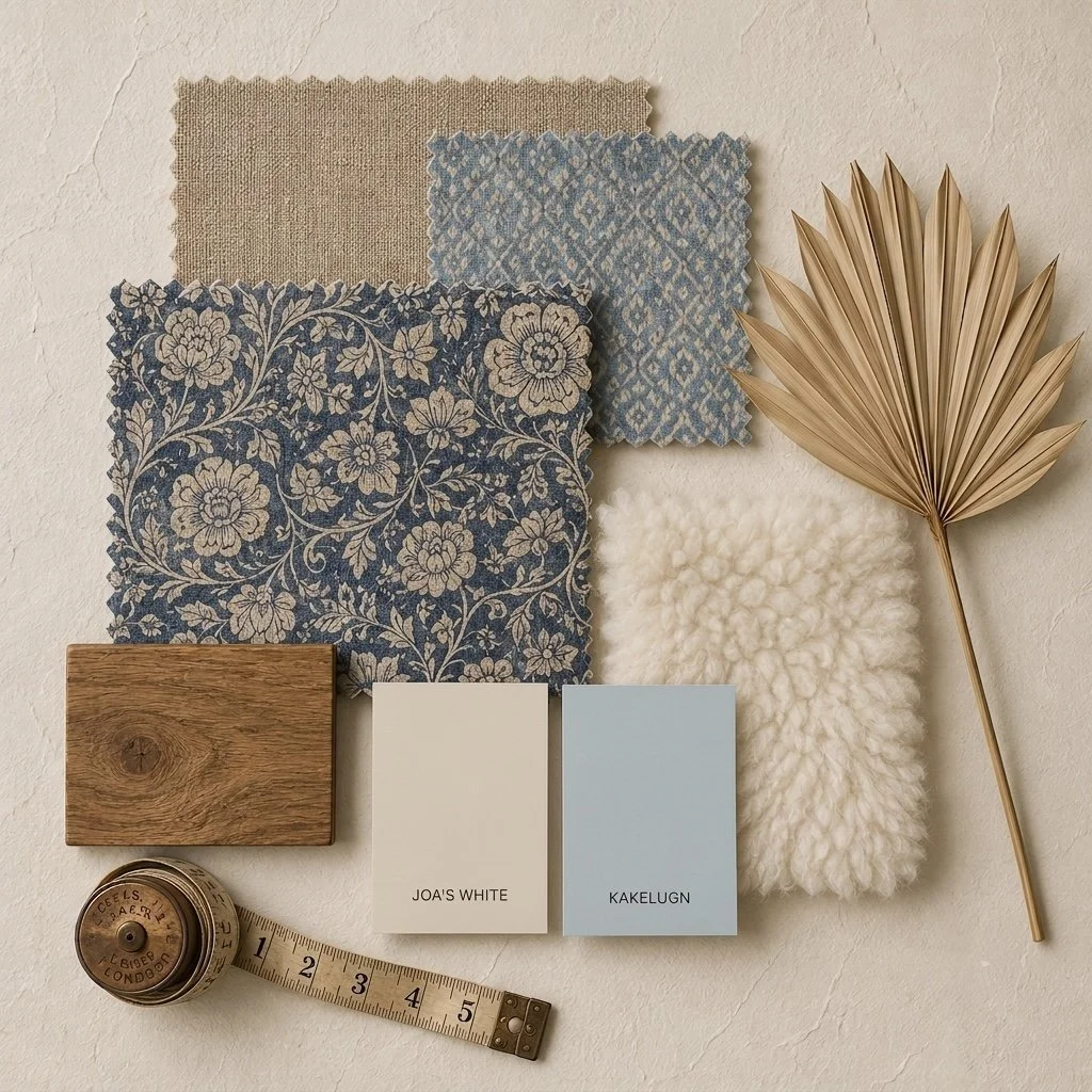 A flat lay of interior design materials, including fabric swatches in beige, blue patterned, and floral designs; a dried palm leaf; a piece of wood; paint samples labeled 'JOA'S WHITE' and 'KAKELUNG'; a measuring tape; and a brass timepiece on a textured off-white background.