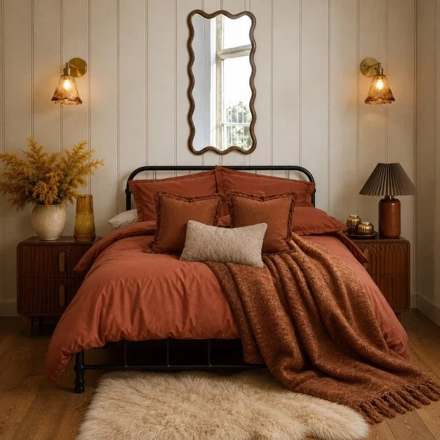 A cozy bedroom with a black metal bed frame, rust-colored bedding, and multiple pillows. A textured throw blanket is draped over the bed. Two wooden nightstands flank the bed, each with a lamp and decorative items. A wall mirror with a wavy frame hangs above the bed, and warm wall sconces illuminate the room. A fluffy white rug lies on the wooden floor in front of the bed.