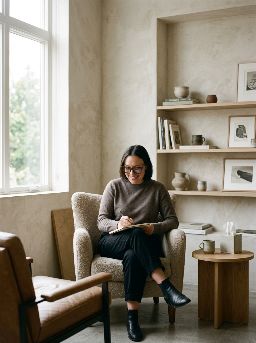 Une femme souriante avec des lunettes, assise dans un fauteuil, prenant des notes dans un carnet dans une pièce lumineuse avec des étagères contenant des livres, des vases et des œuvres d'art.