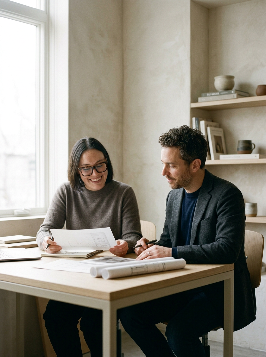 Deux personnes discutent et sourient lors d'une réunion ou d'une entrevue dans un bureau lumineux avec étagères contenant des livres et des objets décoratifs.