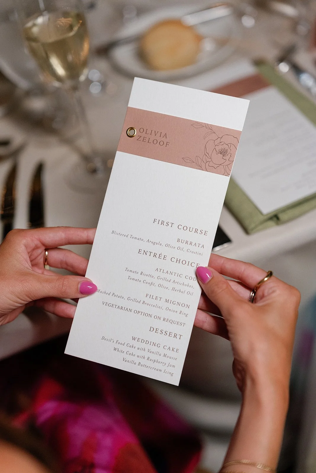 Wedding menu with grommet for a Hudson Valley wedding at The Roundhouse Beacon