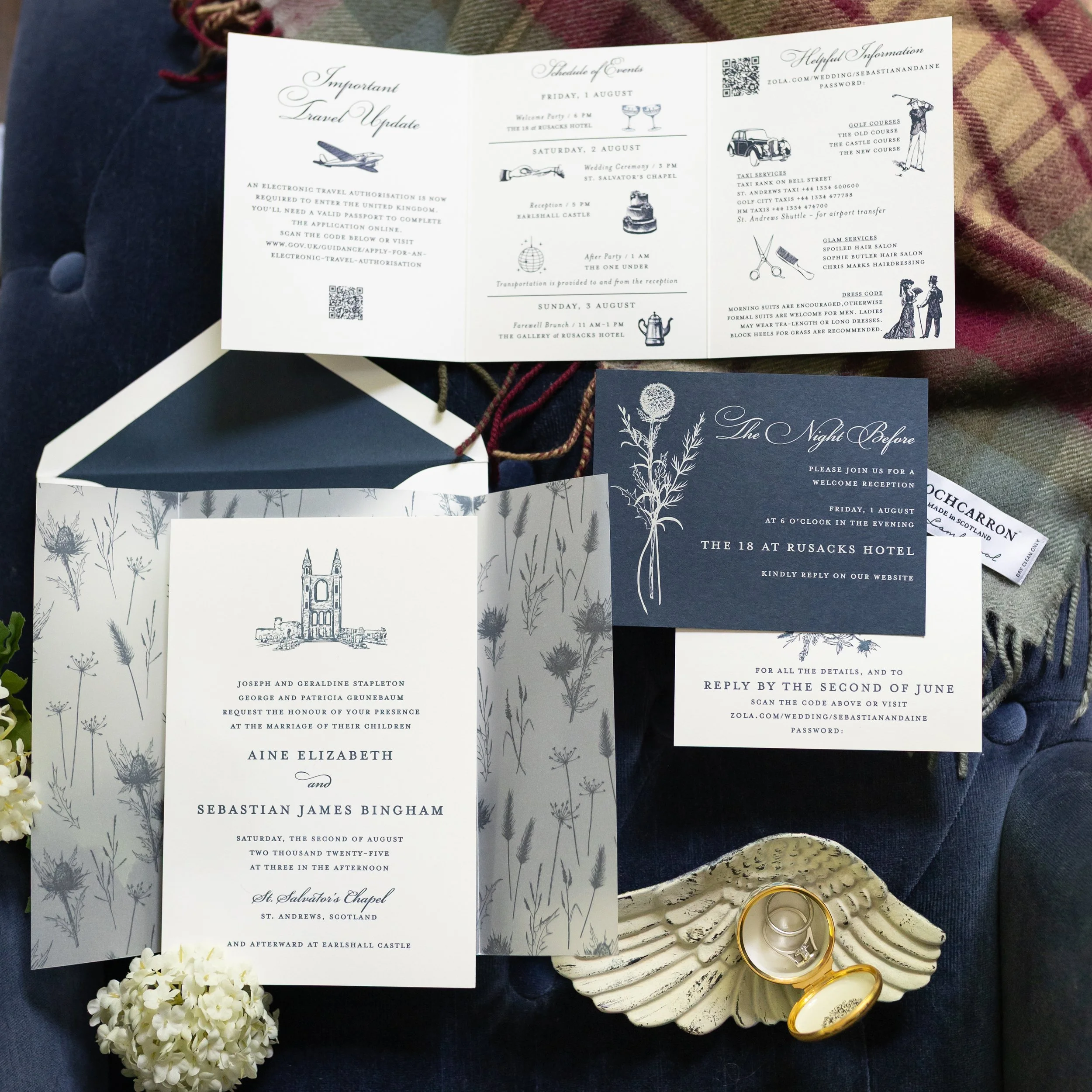 Letterpress wedding invitation with vellum wrap for a wedding in St. Andrews Scotland