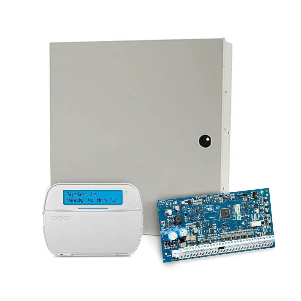 A security system control panel, a blue circuit board, and a gray metal box are displayed on a white background. DSC Neo Alarm System