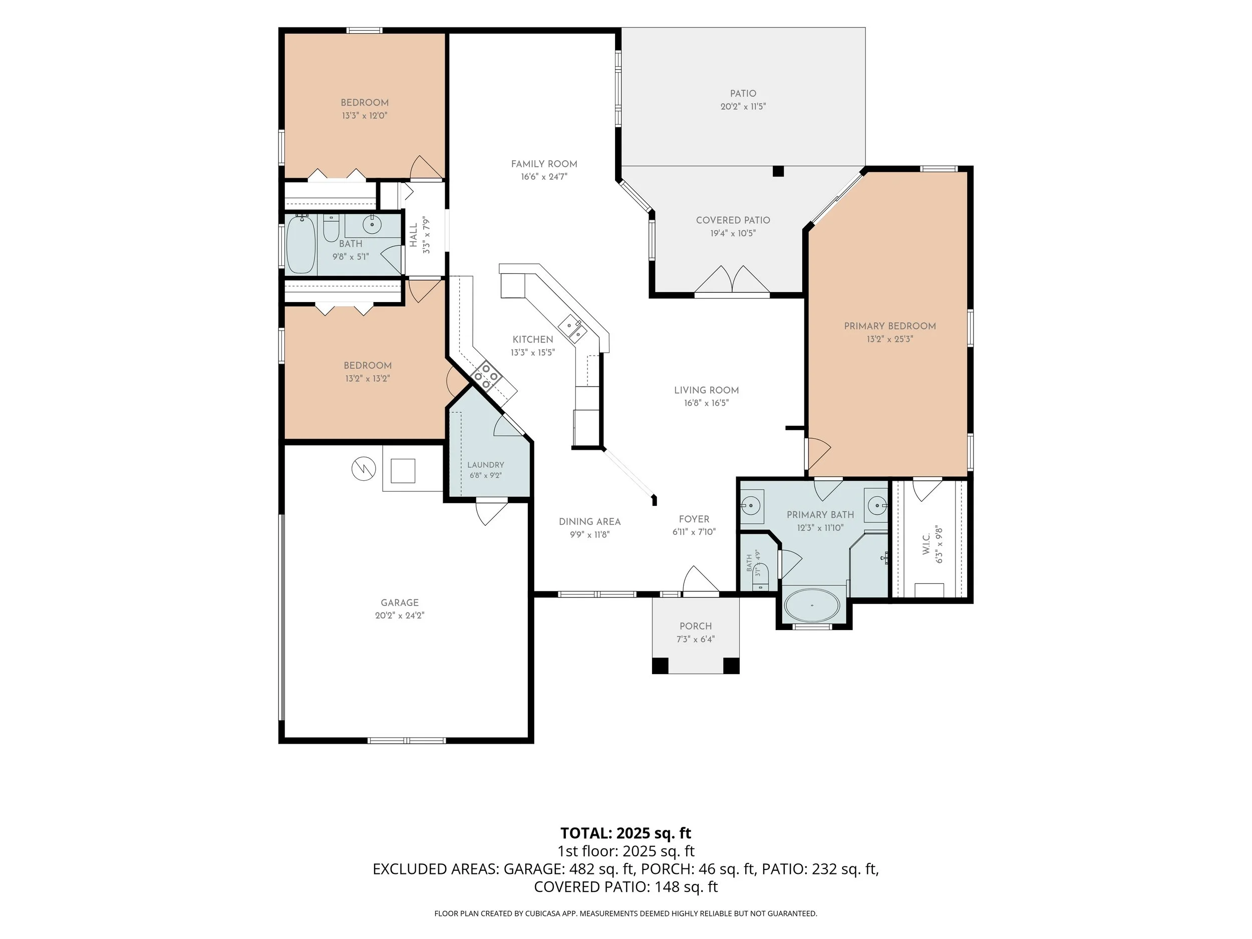 Floor plan of a single-story house with labeled rooms including garage, bedrooms, bathrooms, kitchen, living room, dining area, sunroom, exercise room, laundry, covered deck, and porch.