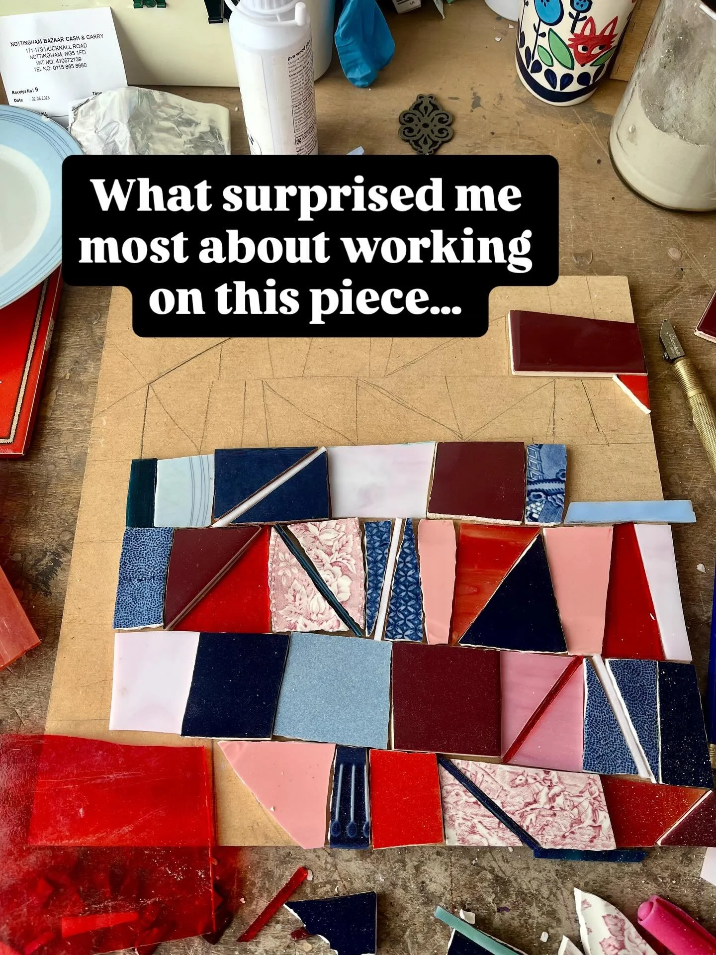 I set myself two simple challenges

* to stay true to Eloise&rsquo;s design,
* To use materials that I already had.

The piece is on display at #woodendgalleryscarborough until November 14th as part of #piecingittogether exhibition for @modern_mosaic