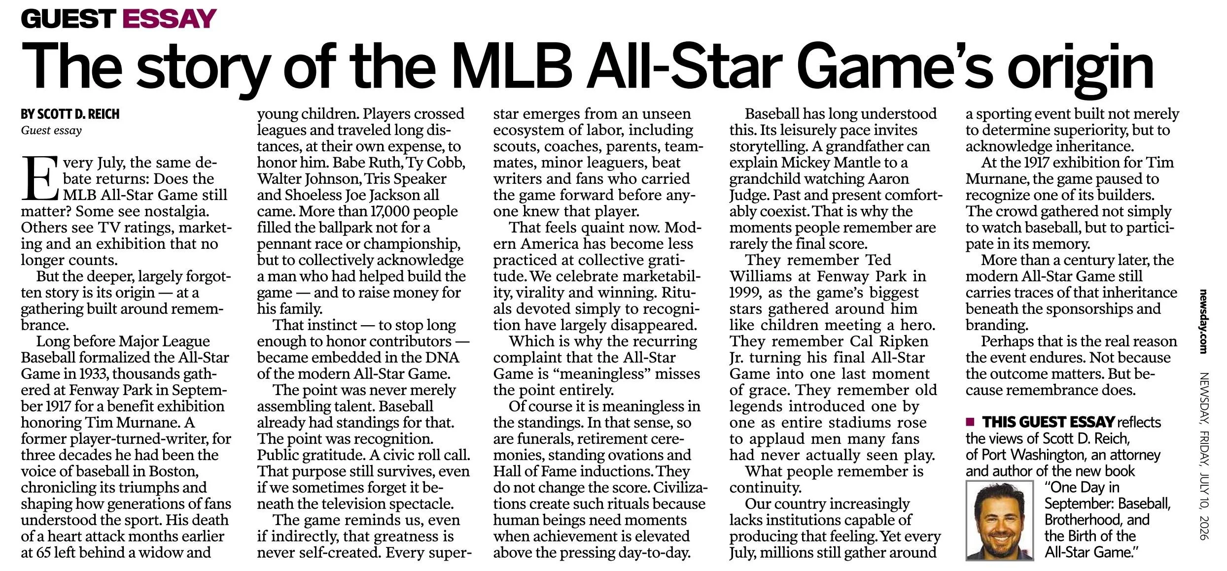 A newspaper article titled 'The story of the MLB All-Star Game's origin' by Scott D. Reich, discussing the history and significance of the baseball All-Star Game.