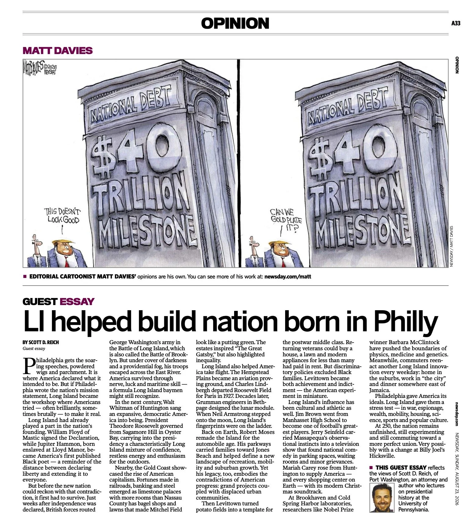 A political cartoon depicting a large building labeled 'National Debt' with the words '$40 Trillion Milestone' on it. Two figures are in front of the building, one saying 'This doesn’t look good' and the other asking 'Can we gold plate it?'