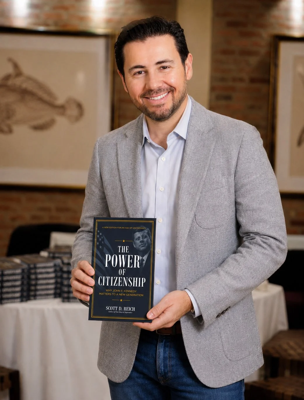 Scott Reich holding his book The Power of Citizenship