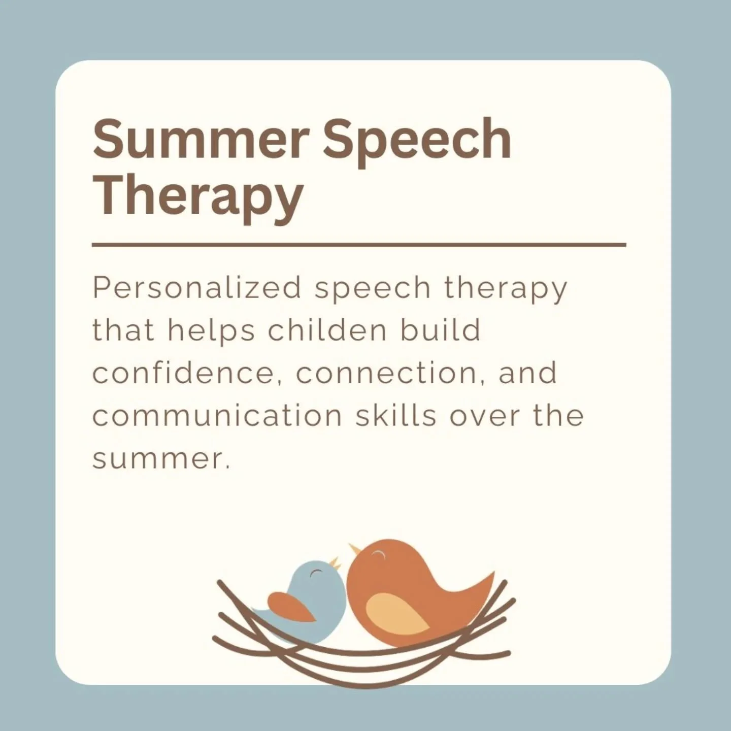 At Talk in the Nest, we offer personalized speech therapy that helps children build confidence, connection and communication. 

Summer Speech Therapy is ideal for children who work with a speech therapist during the school year but did not qualify fo