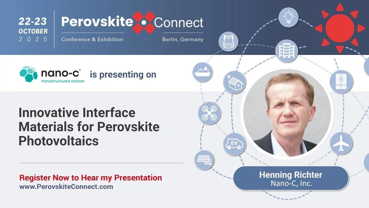Event poster for Perovskite Connect Conference & Exhibition in Berlin, Germany, October 22-23, 2025, featuring a presentation on innovative interface materials for Perovskite photovoltaics by Henning Richter of Nano-C, Inc. with a photo of Henning Richter, icons representing different transportation and technology themes, and a sun icon indicating solar energy.