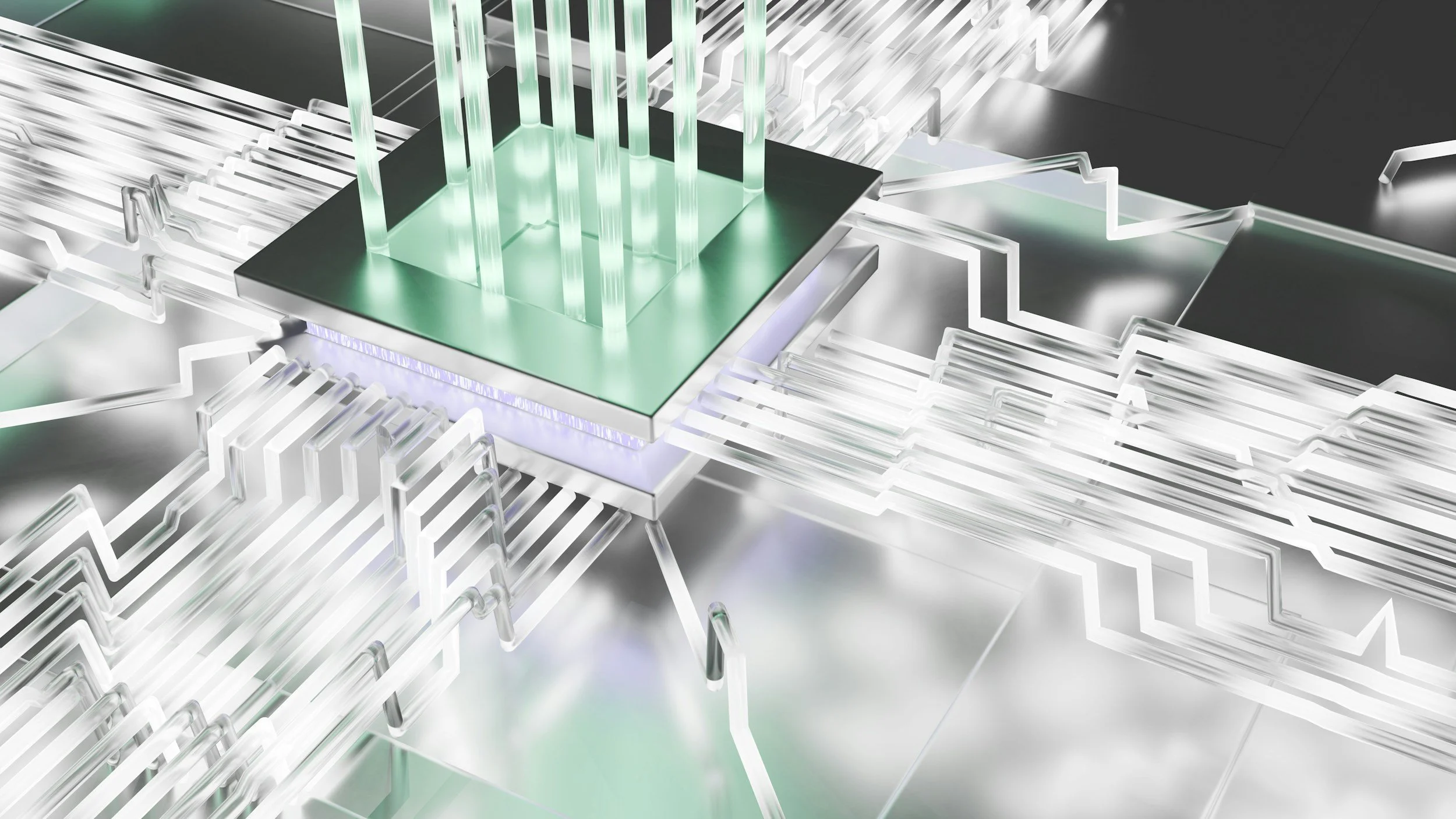 Futuristic metallic and glass electronic circuit or microchip, with glowing elements and intricate pathways in a high-tech design.