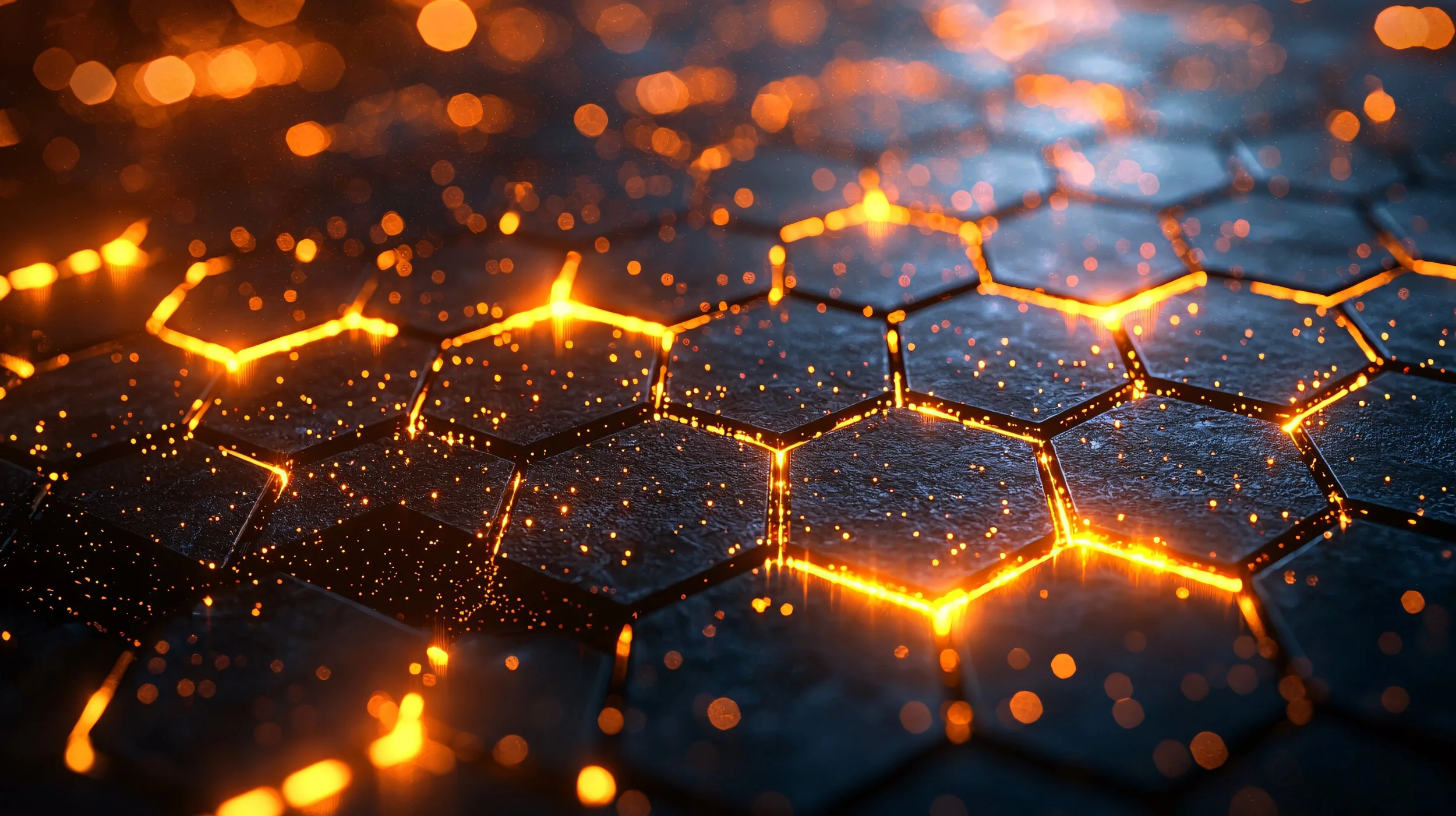Close-up of a hexagonal honeycomb pattern with glowing orange lights and sparks on a dark background.