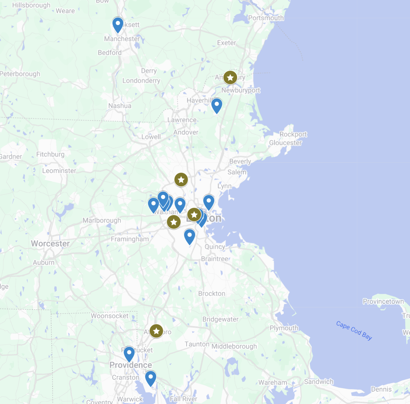 Map of Massachusetts with multiple blue location markers and several gold star markers