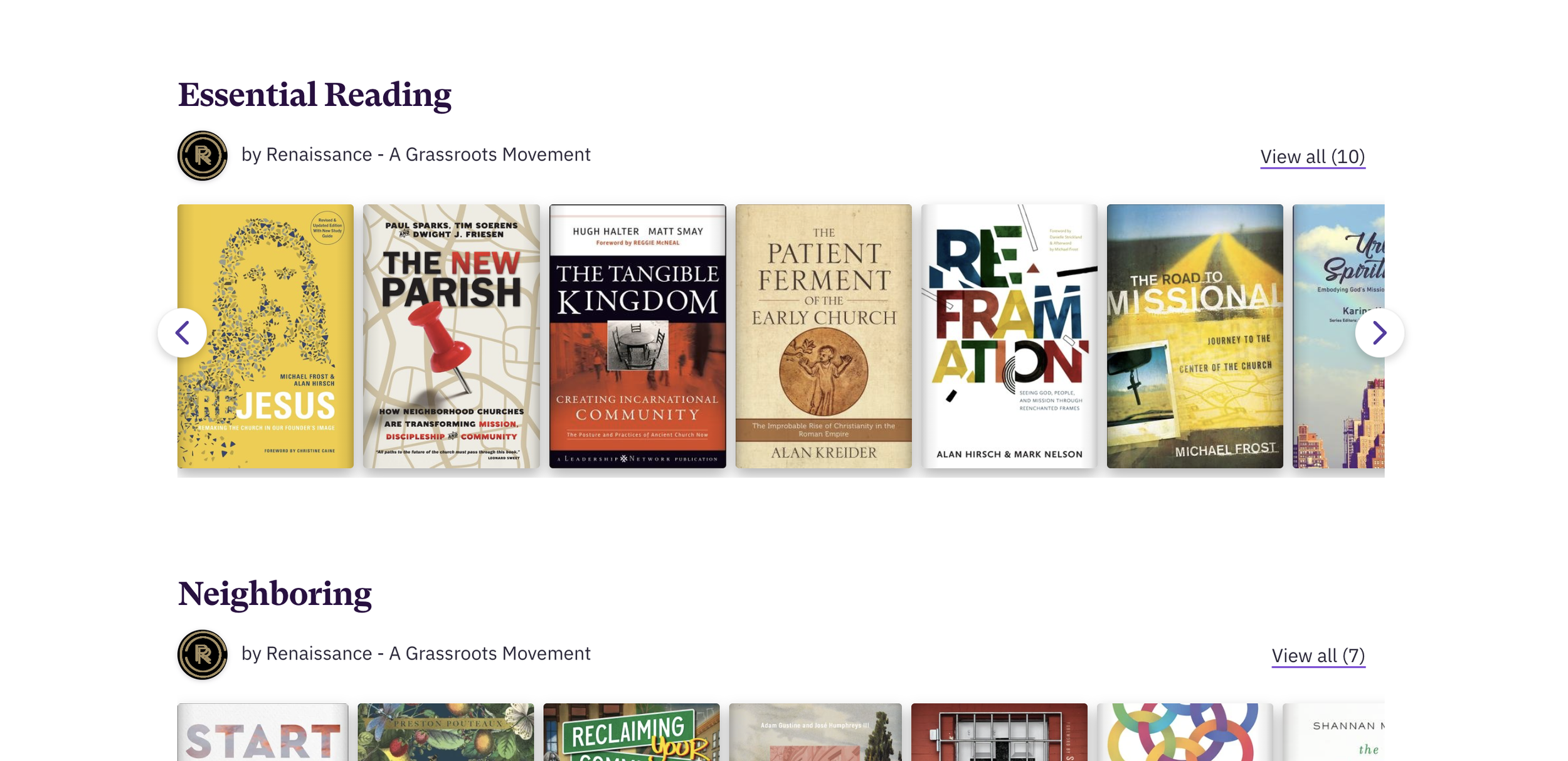 Digital screenshot of an online book store, displaying a section titled 'Essential Reading' with a row of ten book covers. The books cover topics related to Christian faith and church history, with titles such as 'Jesus,' 'The New Parish,' 'The Tangible Kingdom,' 'The Patient Ferment of the Early Church,' 'Reframation,' 'The Road to Missional,' and others.