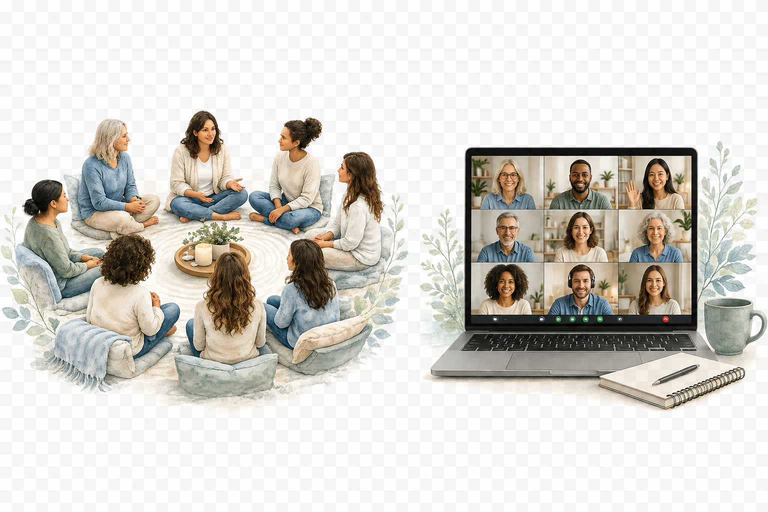 An attractive woman leading an in person circle of healing and a virtual group meeting for grief and transition counseling