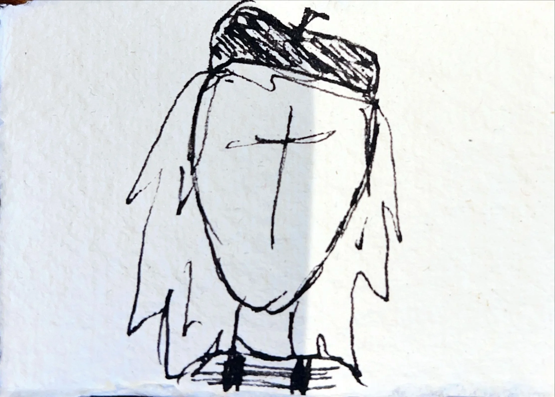 Simple black ink sketch of a person with long hair, wearing a large hat and a long-sleeve shirt, standing with hands on hips, on a white background.