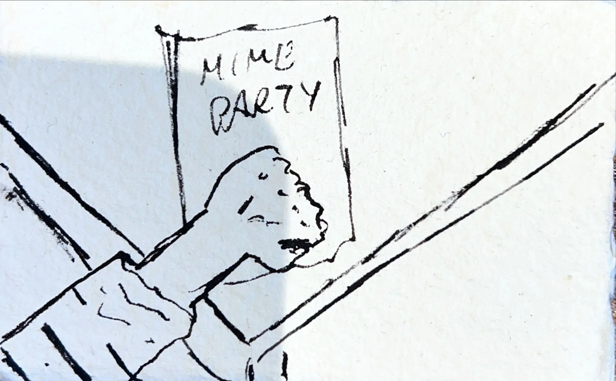 A simple black and white sketch of a person with a head and upper body, looking towards a scene that appears to be a ramp, with a flag in the background that reads 'Home Party'.