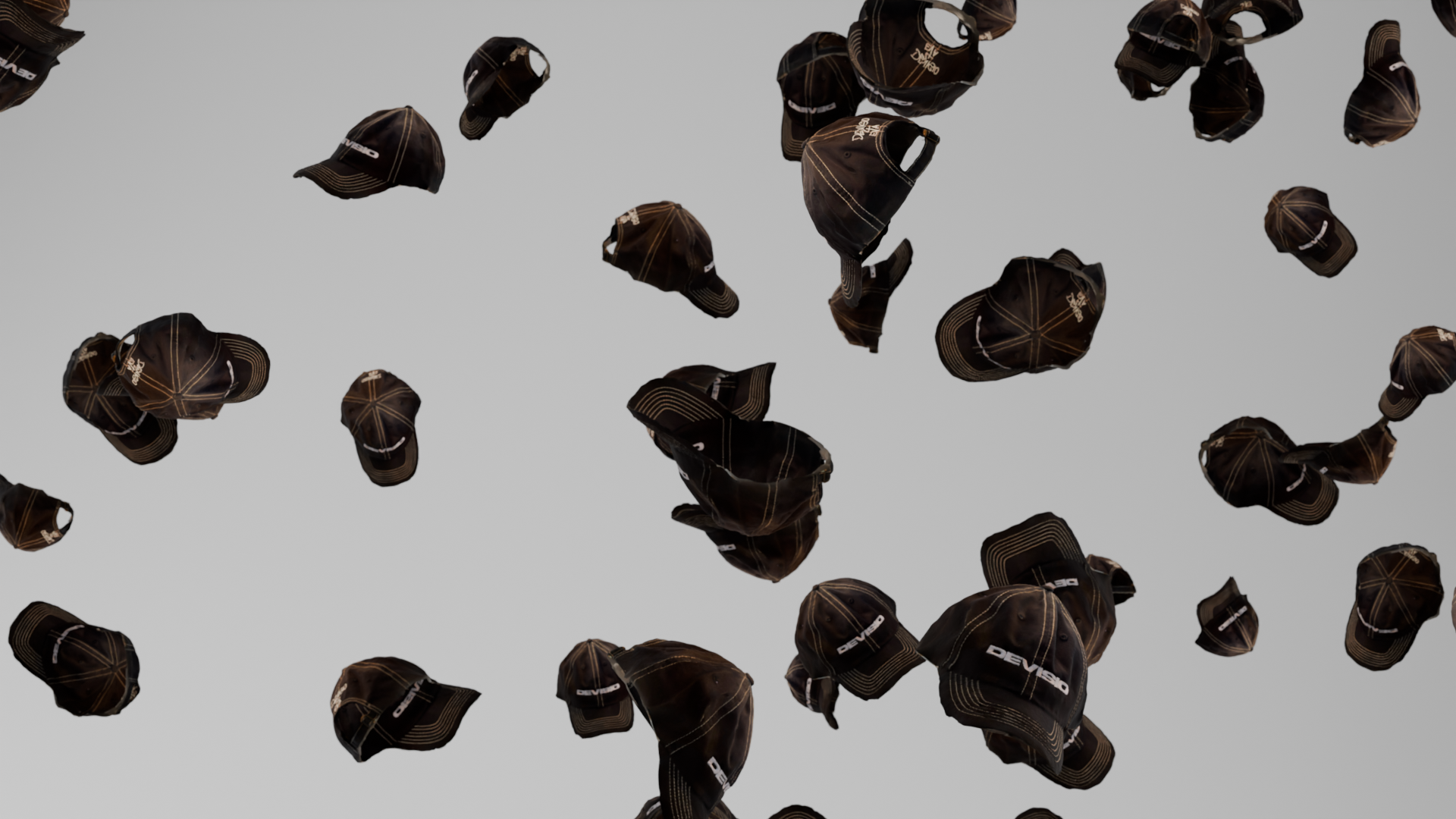 Numerous black baseball caps with white and yellow accents floating against a gray backdrop.