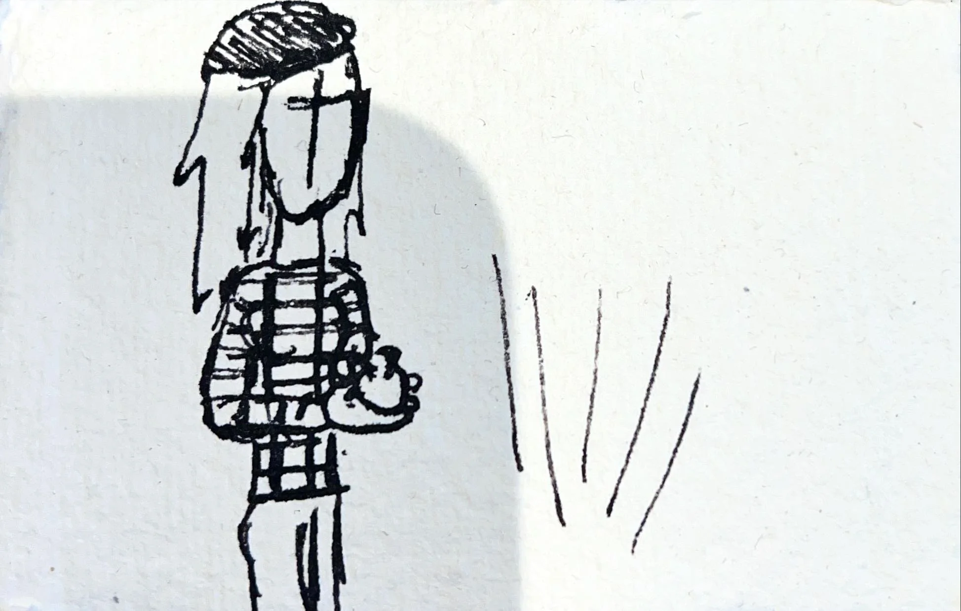 A simple black ink drawing of a girl with long hair, holding a small puppy, and standing next to lines indicating sunlight on a white background.
