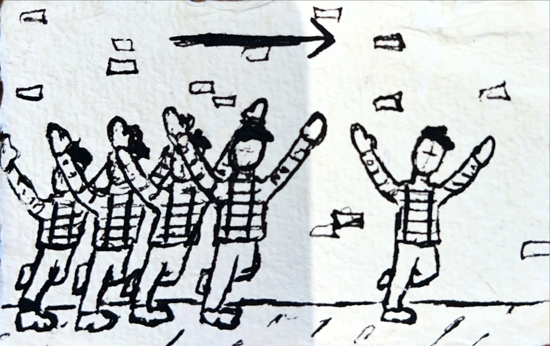 Drawing of children with raised hands, some with fingers pointing upwards, in a classroom or group setting.