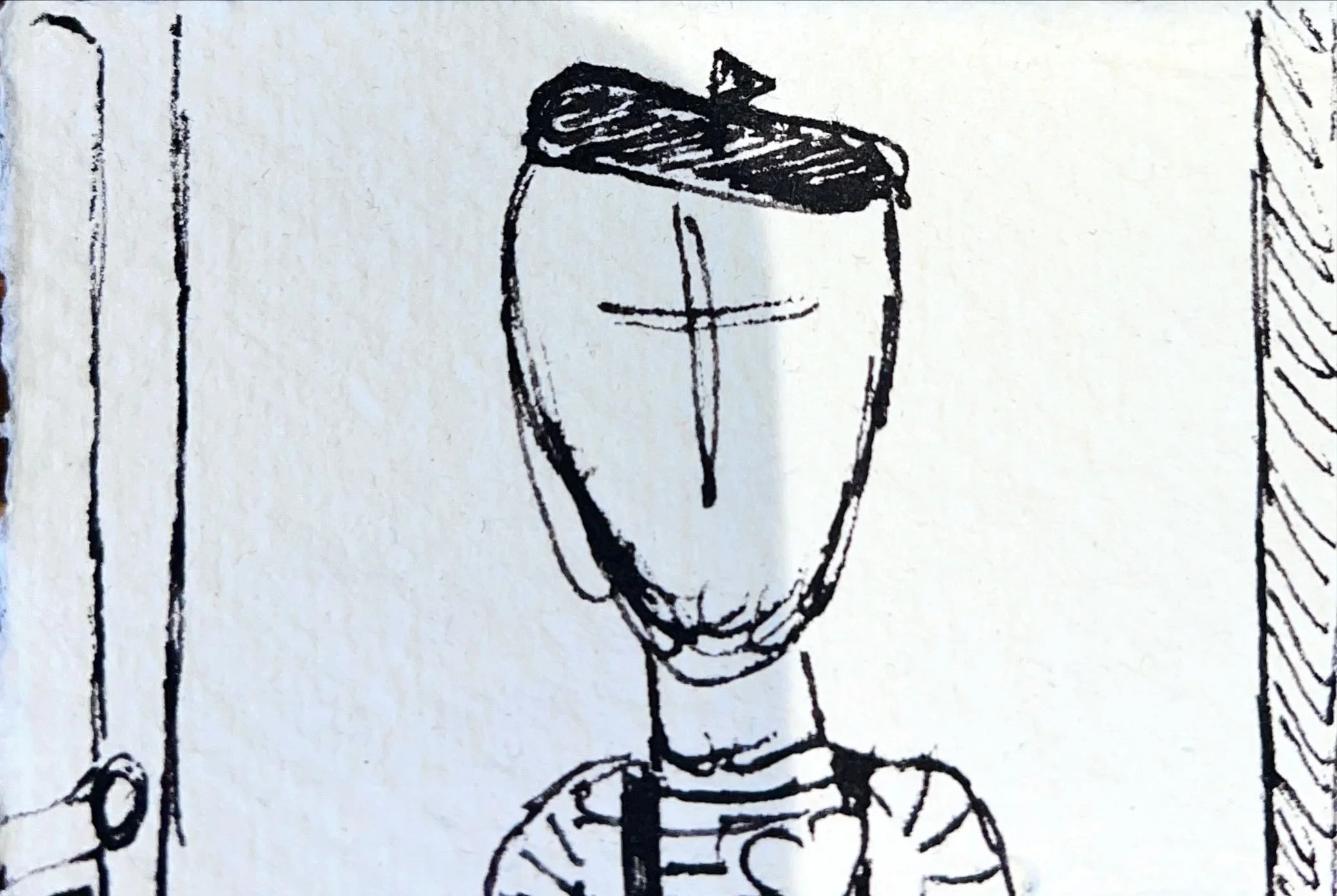 Black and white sketch of a person with a cross on their face.