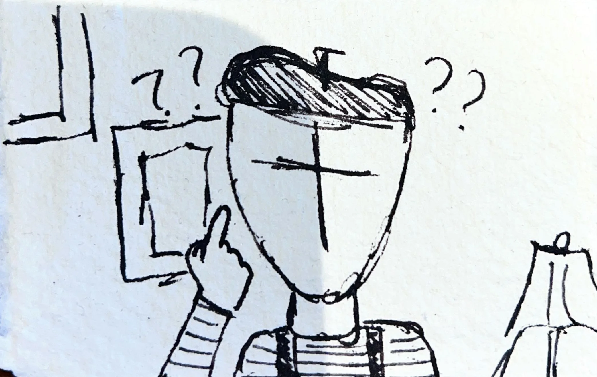 Hand-drawn sketch of a person with a bob haircut and striped shirt, resting their head on their hand, surrounded by question marks and framed pictures on the wall.