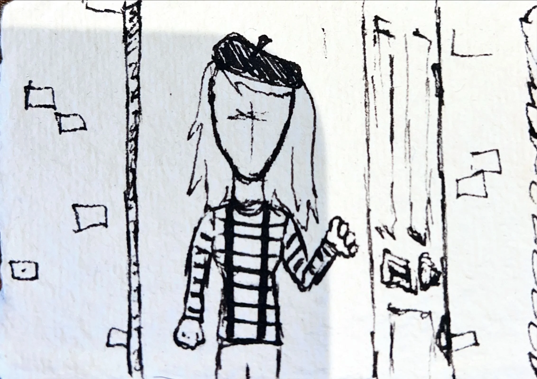 A black and white hand-drawn illustration of a girl with long hair, wearing a striped dress, standing in front of lockers.