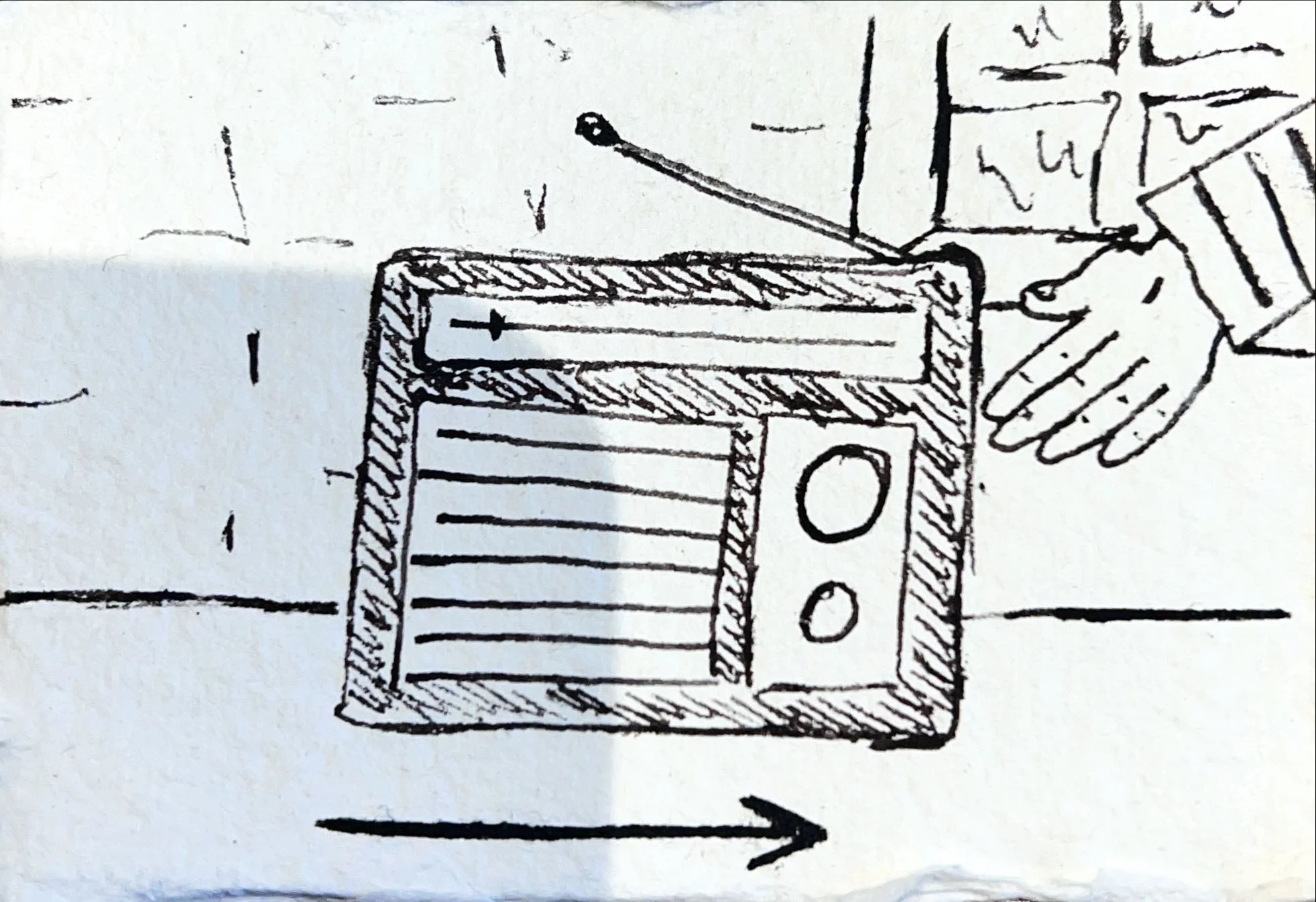 Hand-drawn sketch of a box with a rolling pin inside, with a person's hands on the right side, and an arrow pointing to the right.
