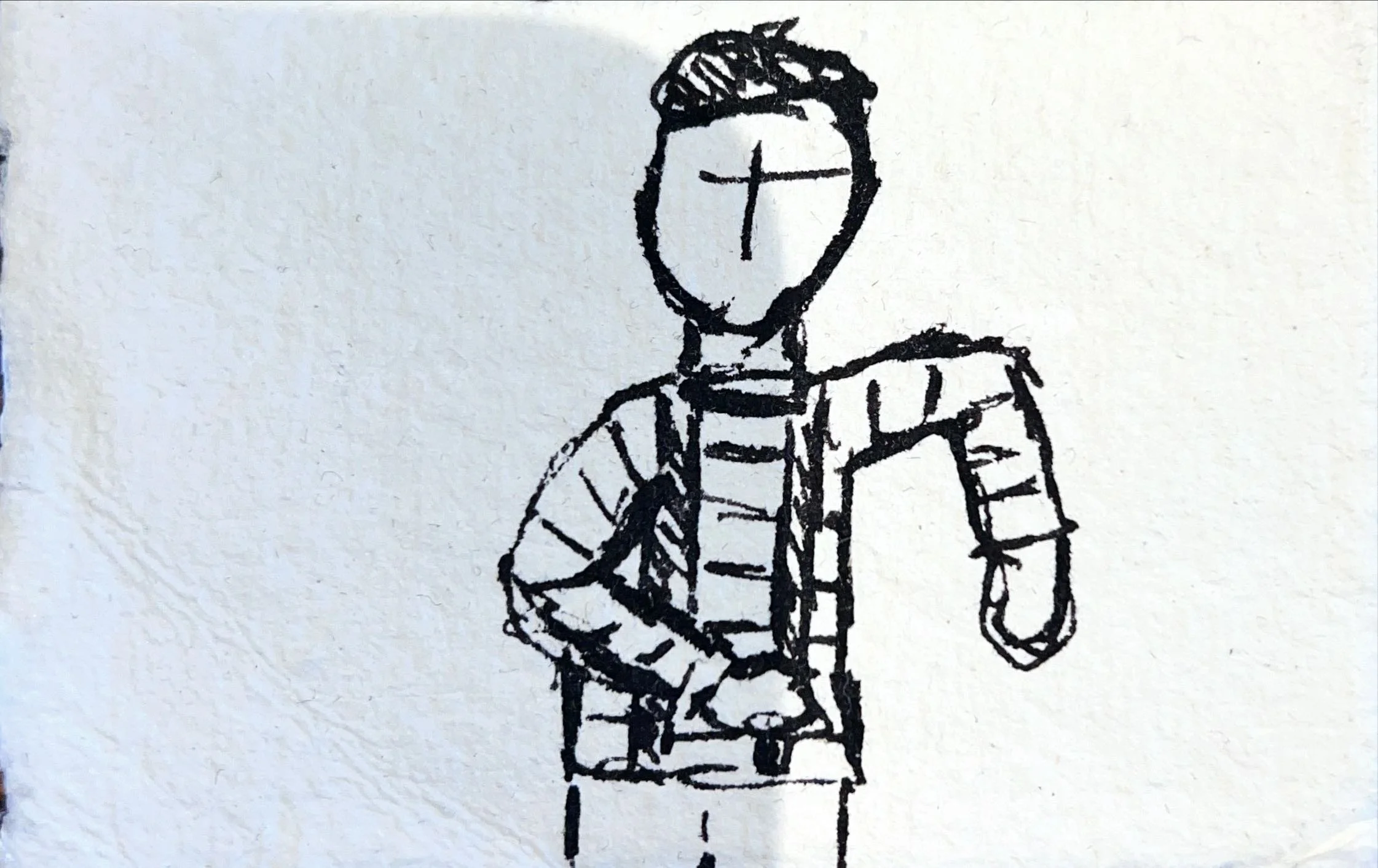 A simple black ink drawing of a person with a cross on their face, wearing a striped shirt and a jacket, with one arm bent and the other hanging down.
