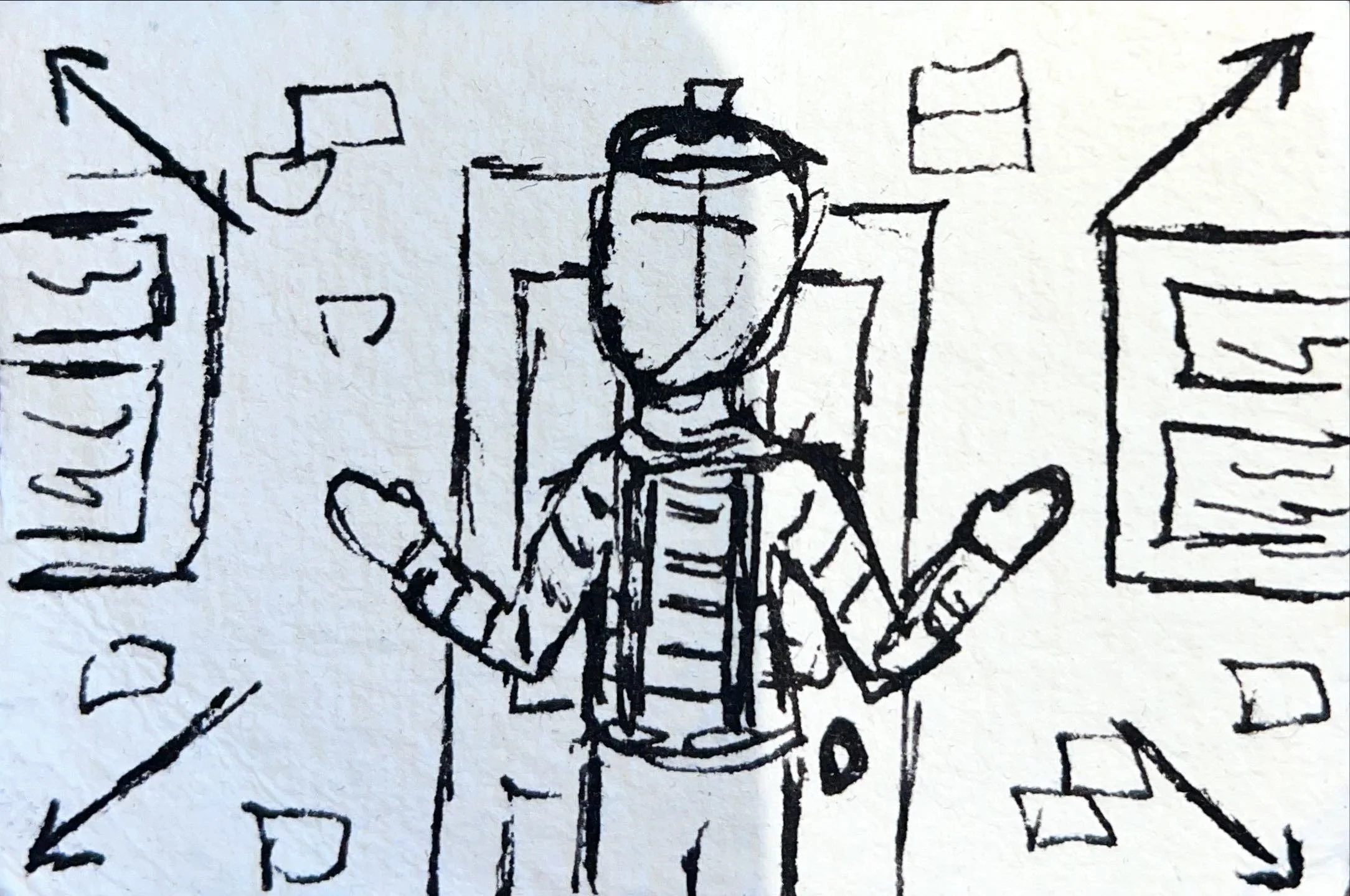 Sketched drawing of a person with a hat, wearing a jacket, standing with arms outstretched, surrounded by abstract shapes and lines.