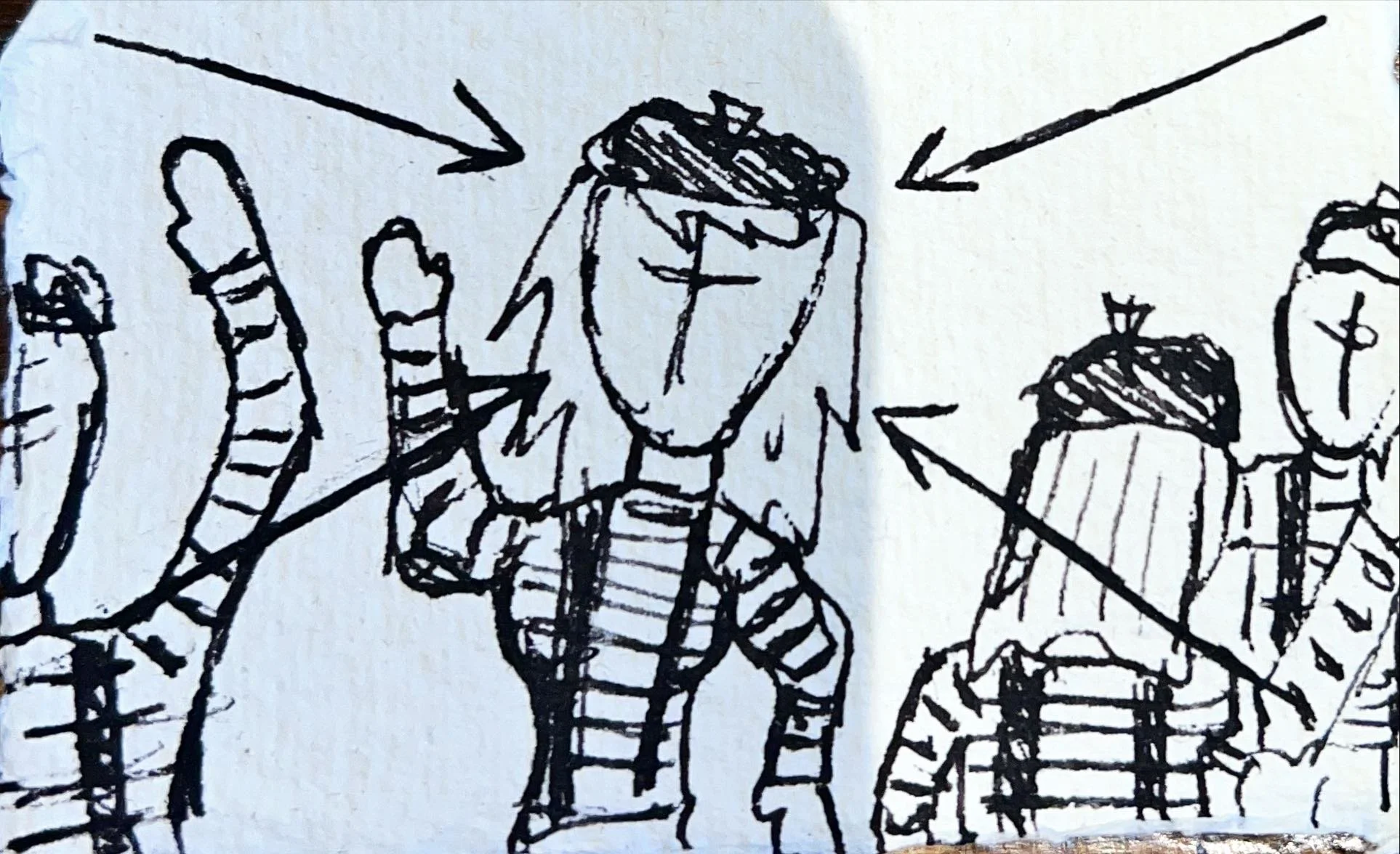 Hand-drawn sketch of multiple people, with one person in the center having their hand raised in a fist, wearing striped clothing and a face covering, surrounded by other figures with similar striped clothing.