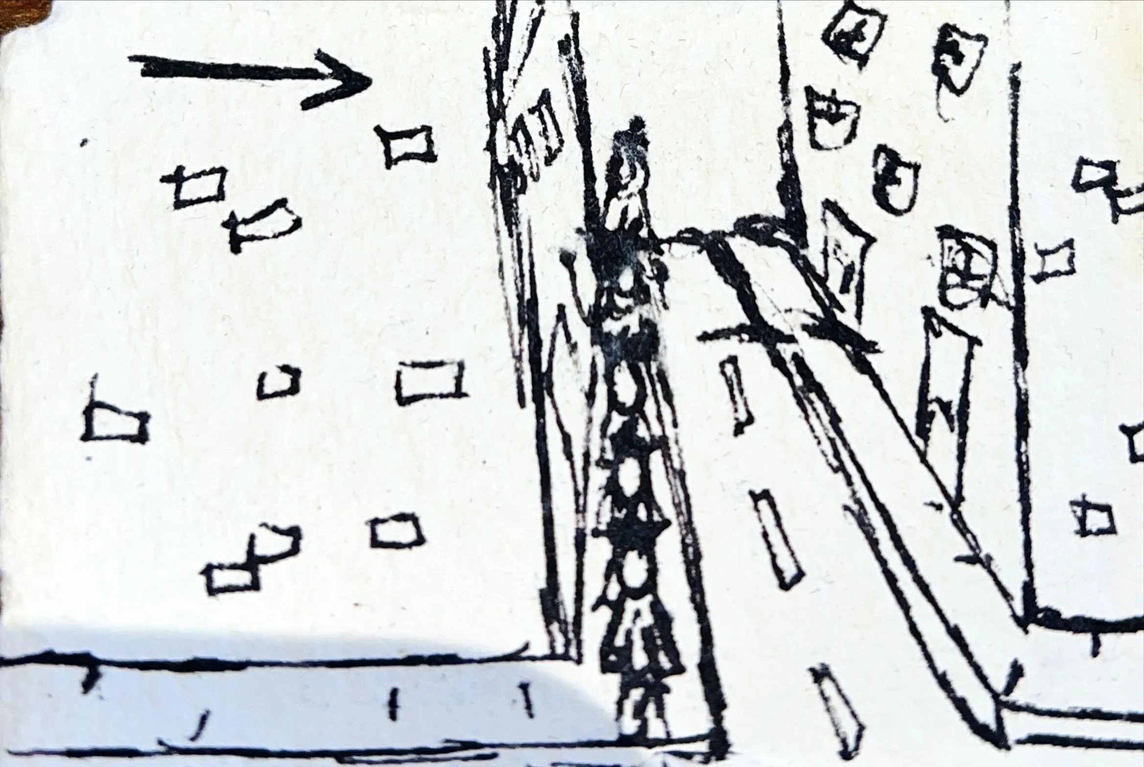 Sketch of a baseball field showing the outfield with some players and the infield with bases, along with handwritten markings and lines.