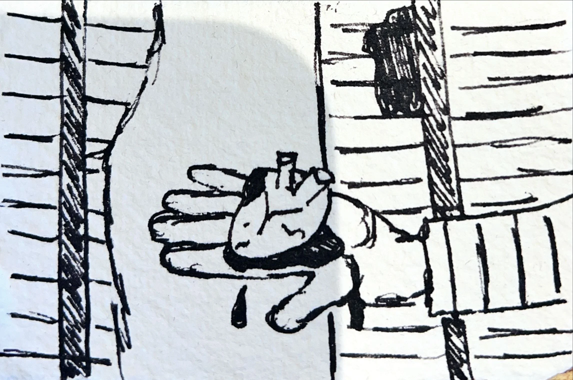 A sketch of a person sitting on a bench, talking on a cellphone, with shelves of books on both sides.