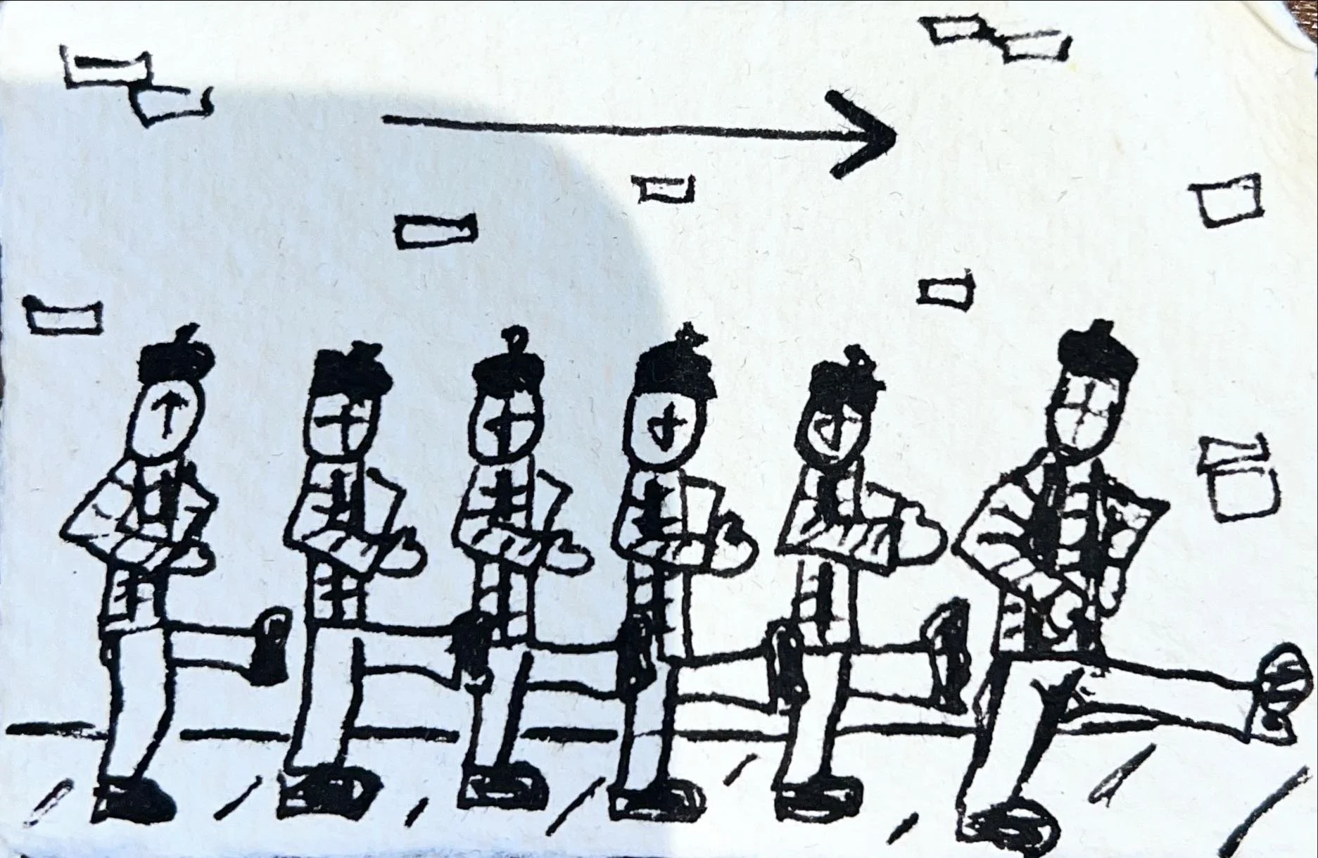 A black and white hand-drawn sketch of six students sitting on chairs, each holding a book, with a large right-pointing arrow above them.