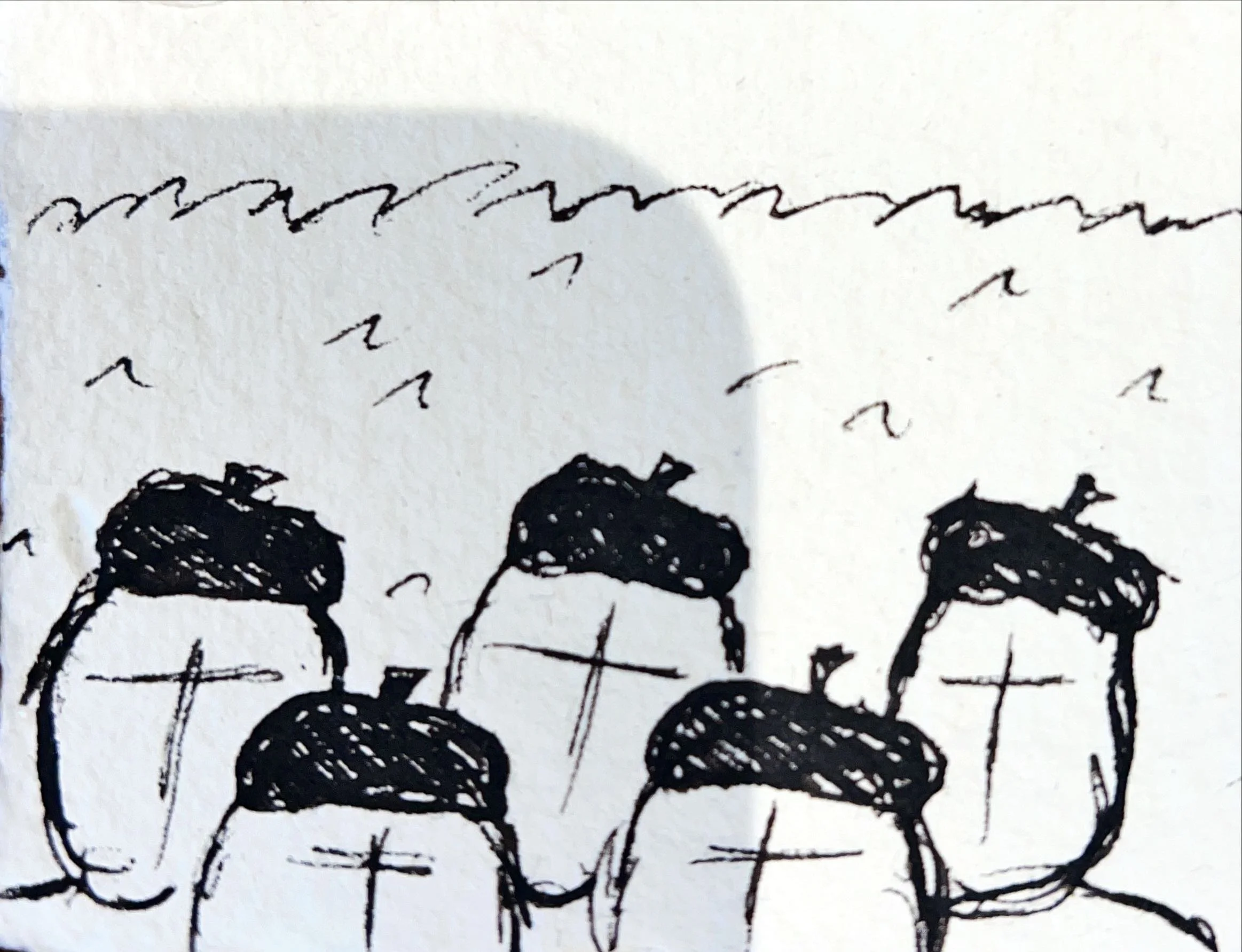 A black and white sketch of six human heads with a cross symbol on the back of each head, arranged in two rows, with a wavy line above them.