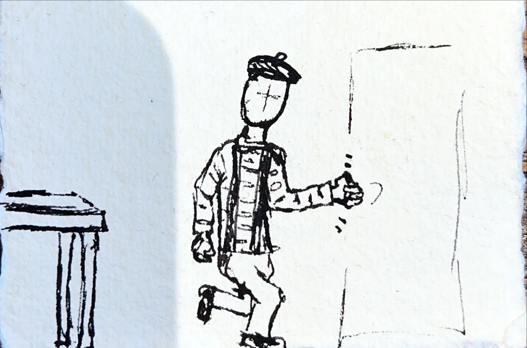 A simple black and white sketch of a person with a backpack running or jumping near a wall or door, with a small table or desk on the left.