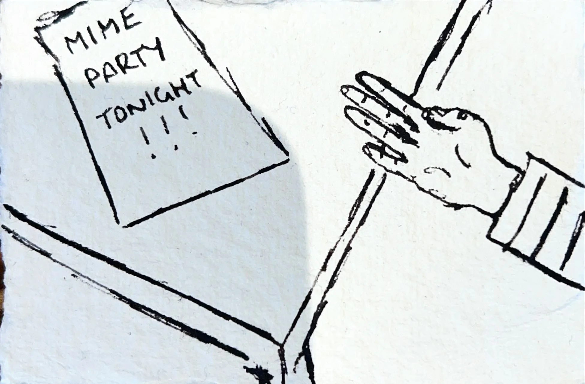 A person using a stylus on a tablet or laptop, with a message on the screen that says "Mime Party tonight!"