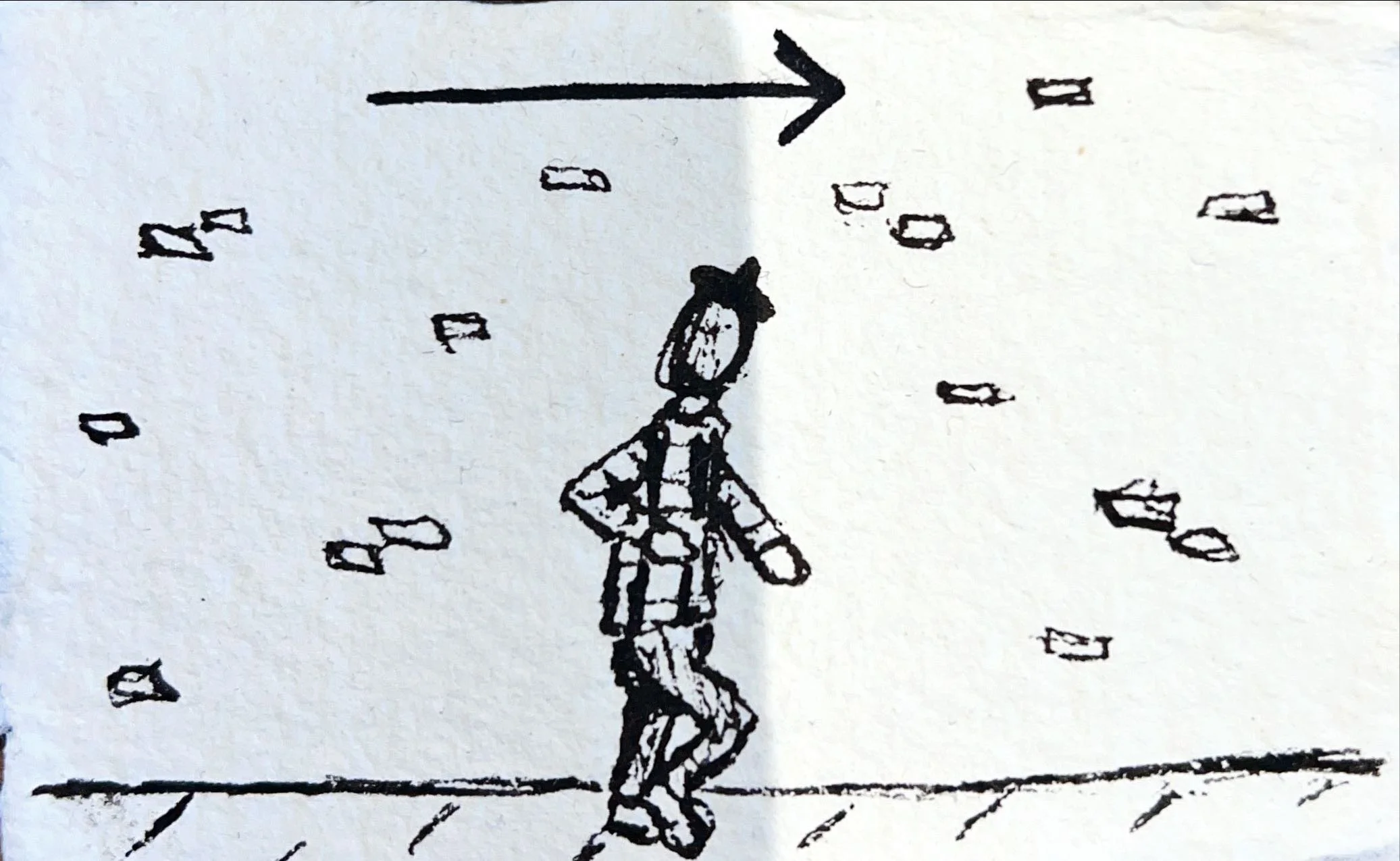 Sketch of a person walking towards a rightward arrow, with scattered small symbols around.