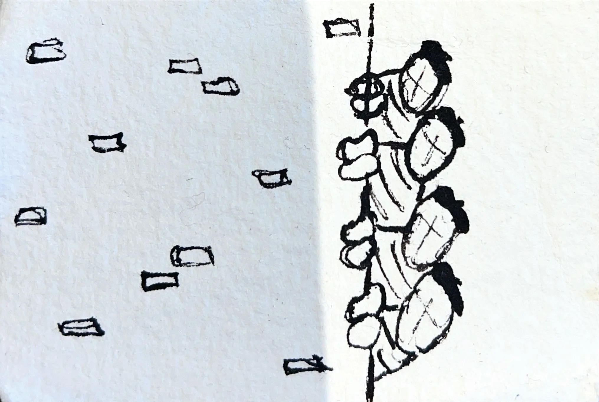 Hand-drawn depiction of a row of seven chickens standing in a line facing right, with a series of small rectangular shapes to the left of the chickens.