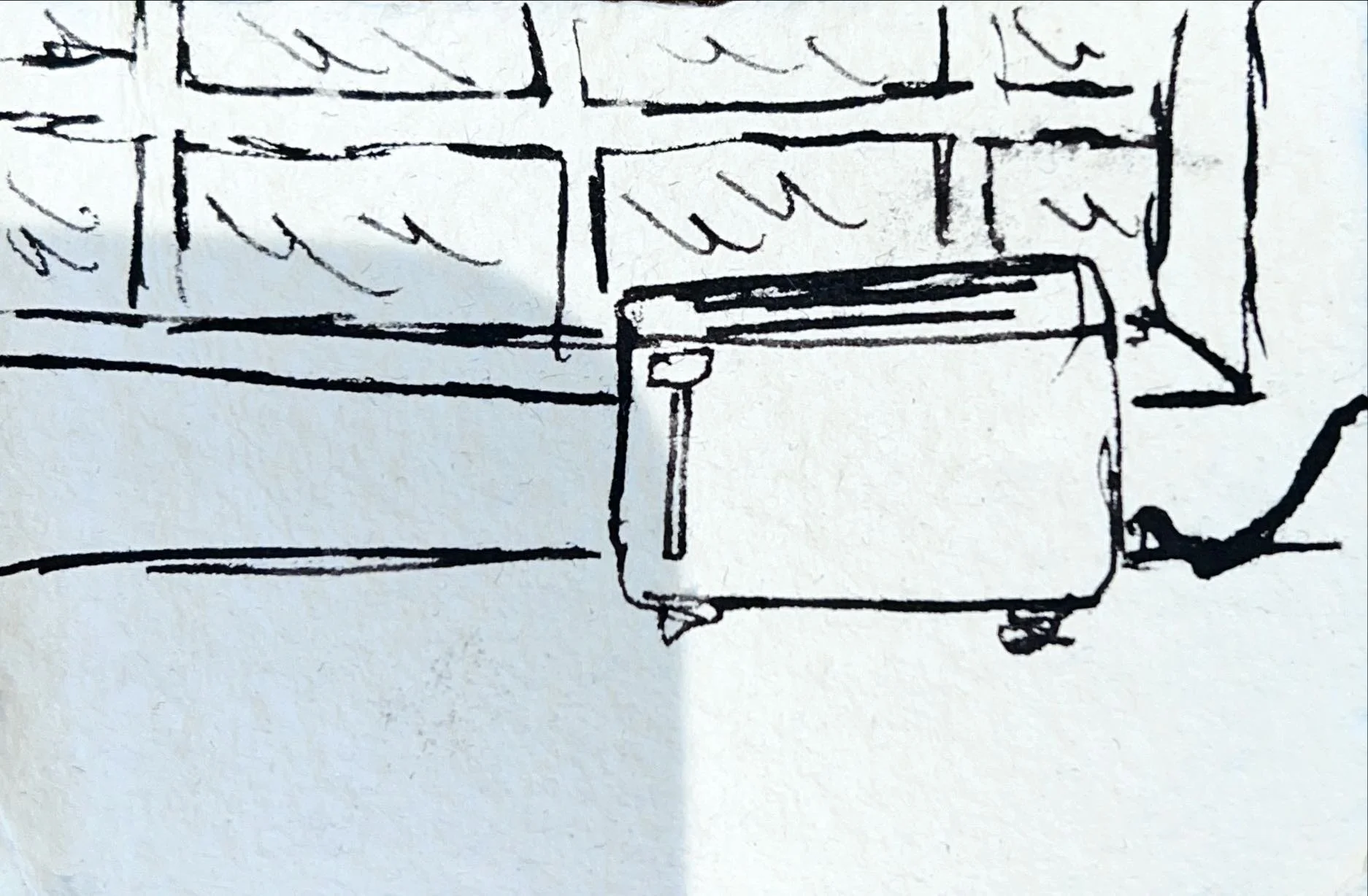 A sketch of a suitcase on wheels placed in front of a window with shelves and objects inside.
