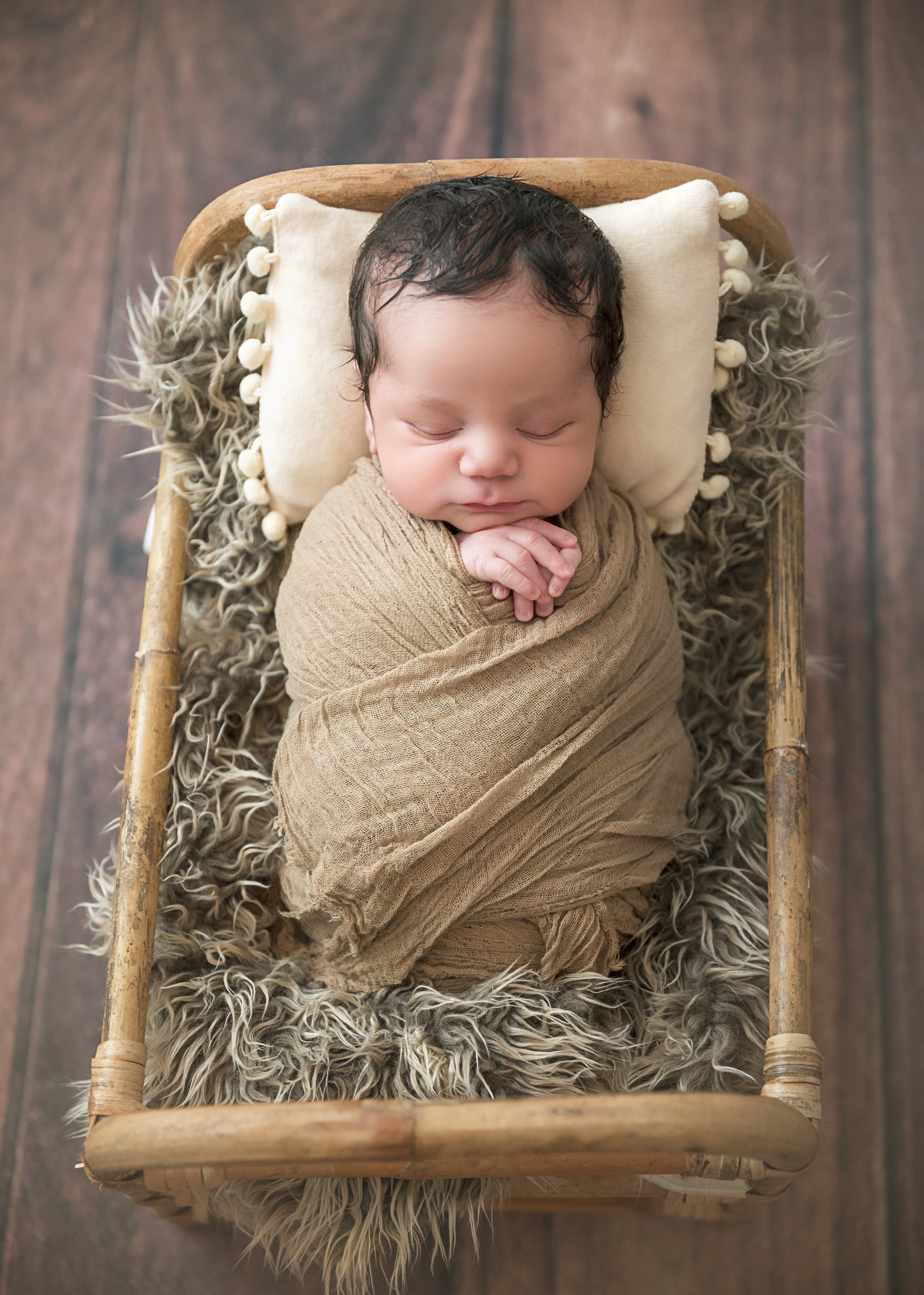 newborn in tan basket- Kansas City