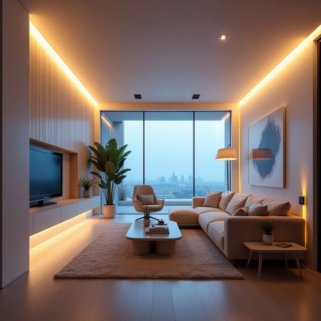 Modern living room with a large window overlooking a cityscape, featuring a beige sectional sofa, coffee table, armchair, flat-screen TV, indoor plants, and ambient lighting.