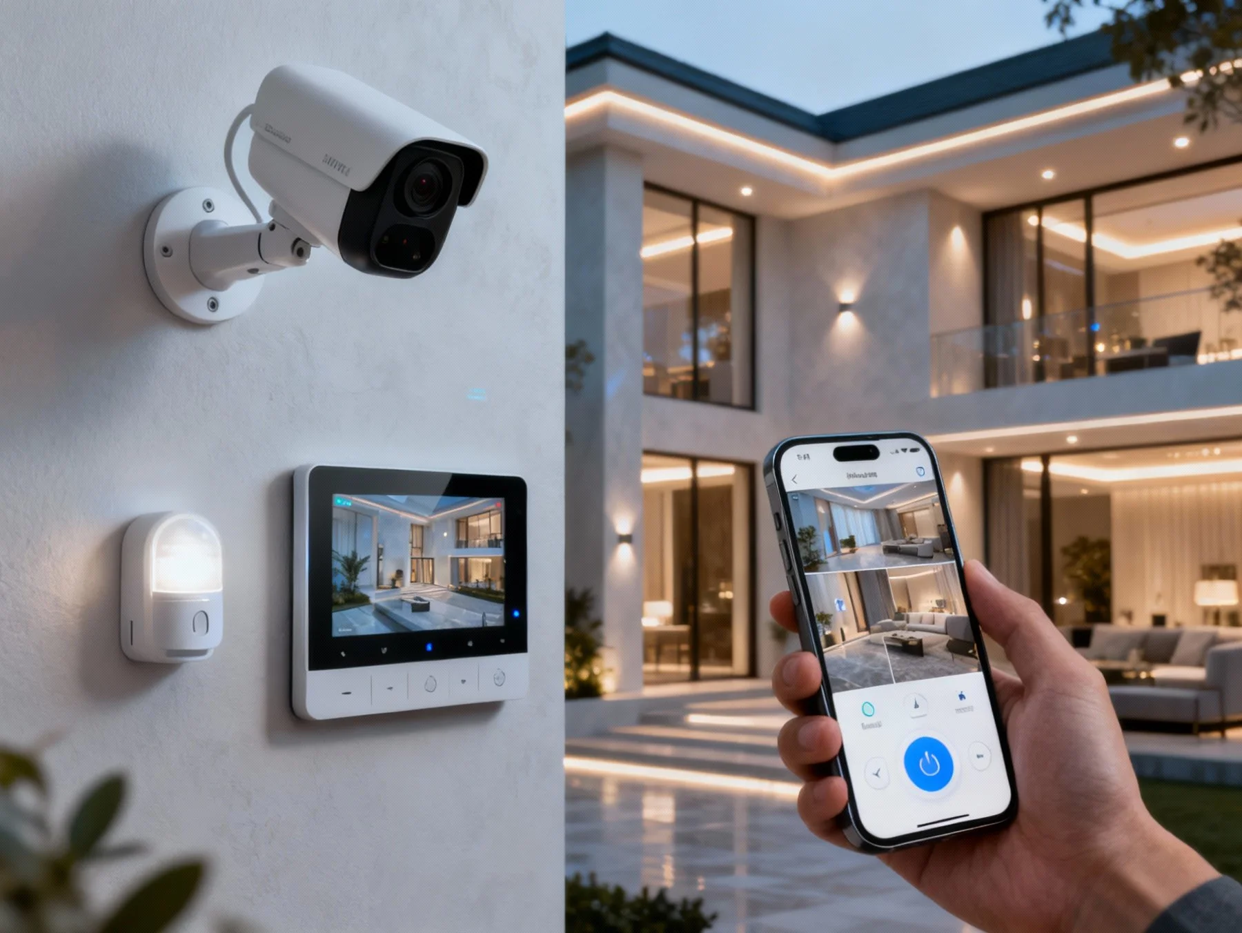 A security camera, a smart home display, and a motion sensor are mounted on a wall outside a modern house. A person holds a smartphone showing a live feed of the house's interior.